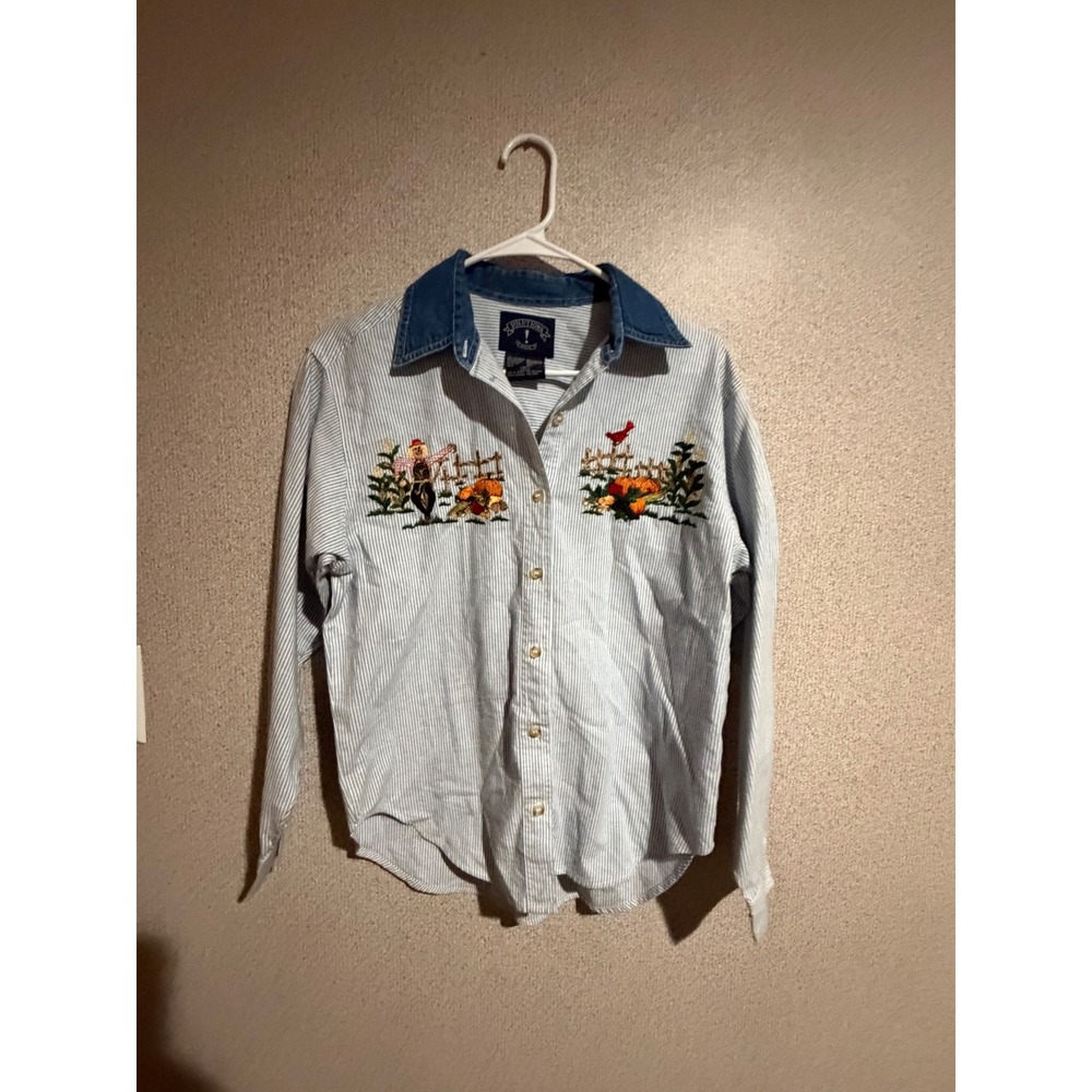 Solutions Petite Womens Blue Pinstripe Embroidered Scarecrow Pumpkin Shirt PL